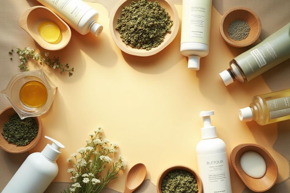Arrangement of natural skincare products and ingredients