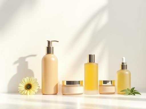 Bottles of organic serum and lotion